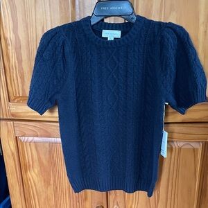 Free Assembly Navy Blue Cable-Knit Crewneck Sweater with Short Puff Sleeves